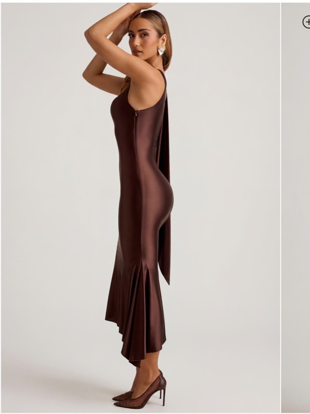 Oh Polly Shaya Asymmetric Scarf Detail Midaxi Dress US 10 NWT Chocolate Brown - Picture 6 of 13